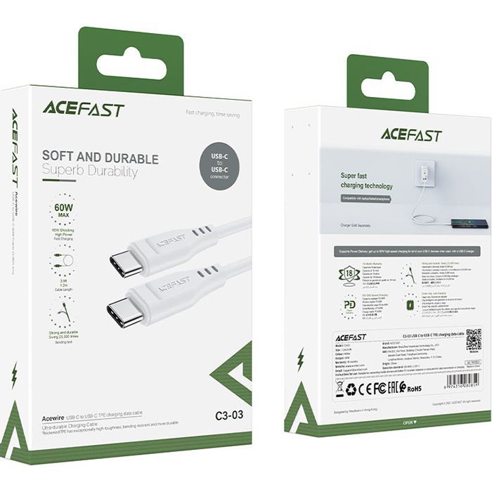 Дата кабель USB-C to USB-C 1.2m 3A TPE C3-03 White Acefast (6974316280859) изображение 3
