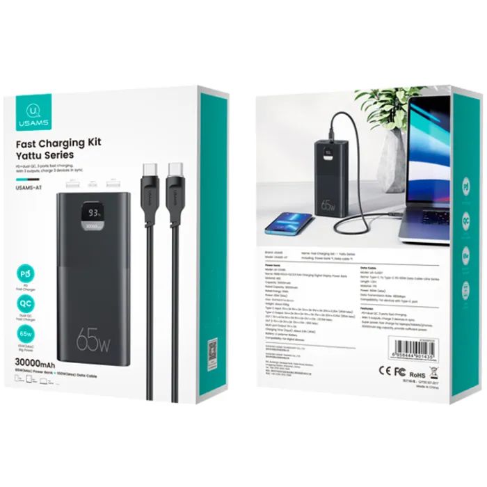Батарея універсальна Usams PB68 30000mAh PD/3.0/65W, QC/3.0, Black (ATXLOGTC01) зображення 7