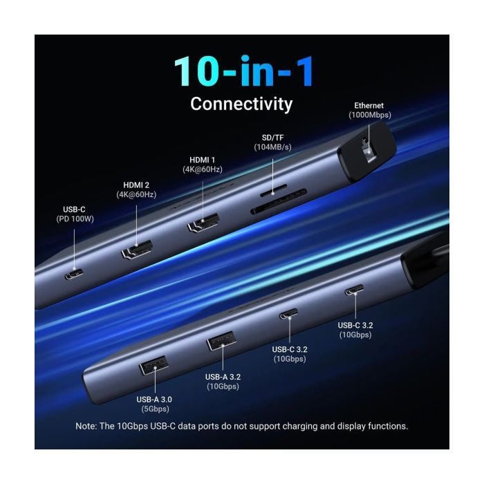 Порт-реплікатор Ugreen Dock CM639 USB3.2 Type-C --> HDMIx2, 60Hz/2xUSB-A/2xUSB-C 3.2/ RJ45/SD/TF/PD 100W (45380) зображення 3
