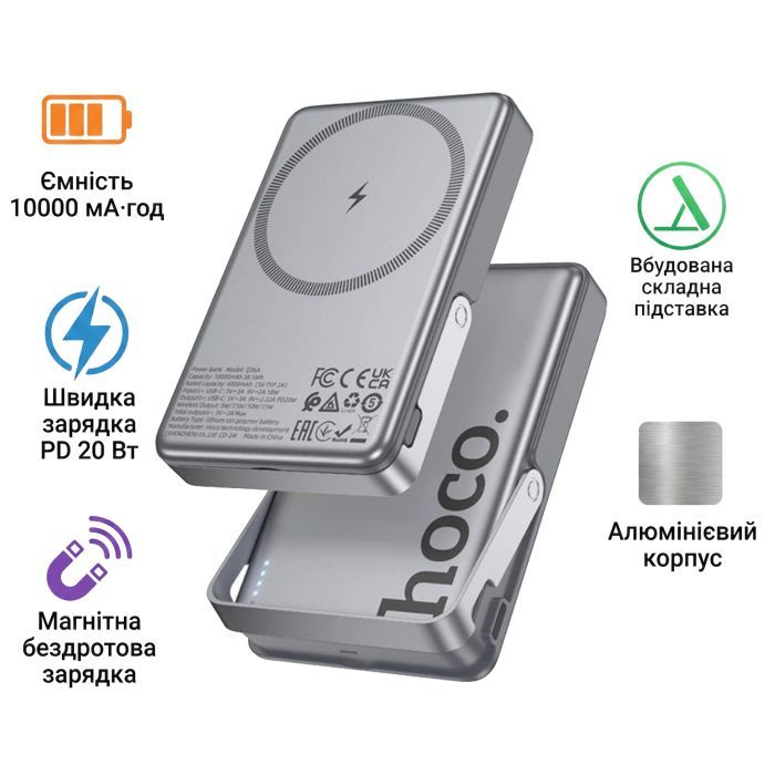 Батарея универсальная HOCO 10000mAh Sunlight PD/20W Magnetic with stand Metal Grey (Q36A / 714987) изображение 2
