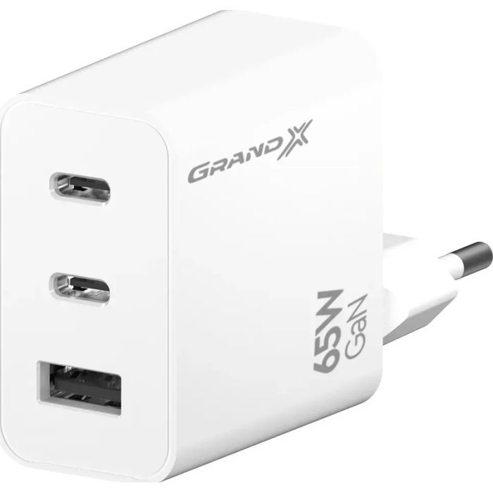 Зарядное устройство Grand-X GaN 2xUSB-C + 1xUSB 65W PD3.0 QC4.0 AFC SCP FCP white (CH-990W)