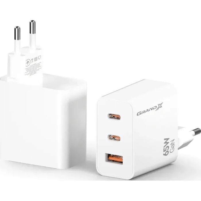 Зарядное устройство Grand-X GaN 2xUSB-C + 1xUSB 65W PD3.0 QC4.0 AFC SCP FCP white (CH-990W) изображение 3