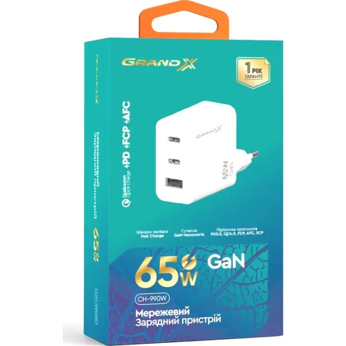Зарядное устройство Grand-X GaN 2xUSB-C + 1xUSB 65W PD3.0 QC4.0 AFC SCP FCP white (CH-990W) изображение 5