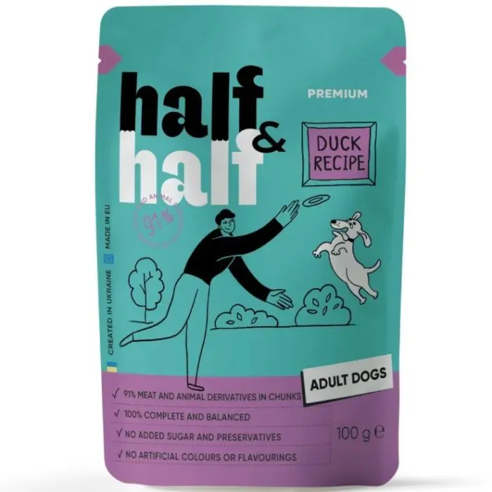 Вологий корм для собак Half&Half шматочки качки в соусі 100 г (4820261921243)