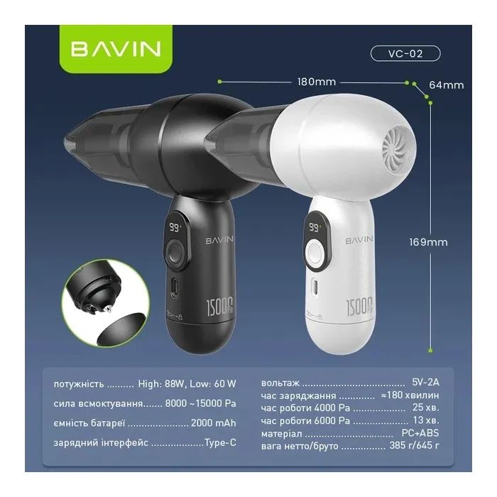 Пылесос BAVIN VC-02 15000Pa 2000 mAh Black (Z-VC02 BK) изображение 8