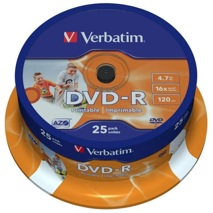 Диск DVD Verbatim 4.7Gb 16X CakeBox 25шт Printable (43538)