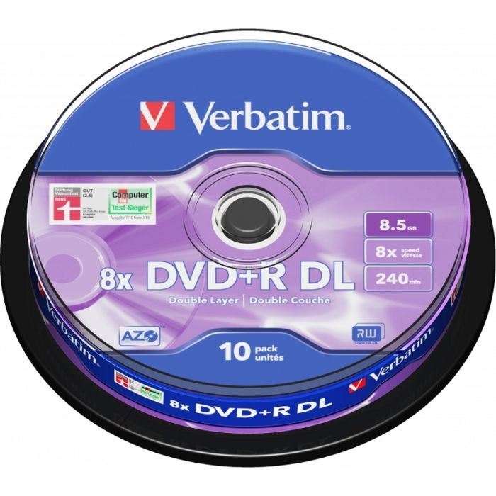 Диск DVD Verbatim 8.5Gb 8x CakeBox 10 шт Matte Silver (43666)
