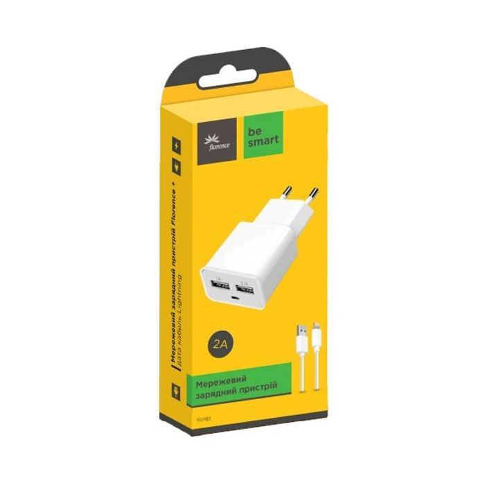 Зарядное устройство Florence 2*USB, 2.0A + cable Lightning white (FW-2U020W-L) изображение 2