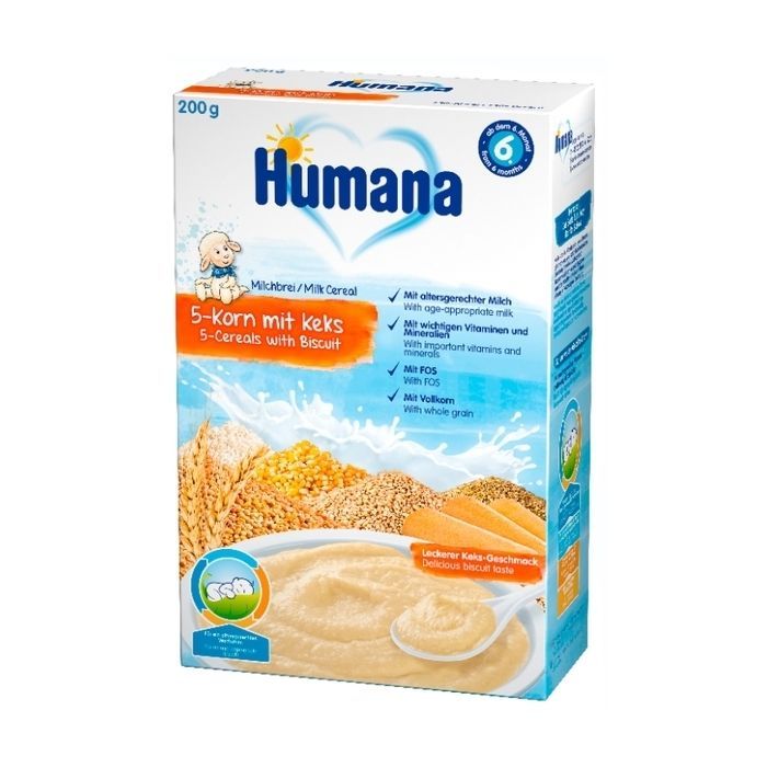 Детская каша Humana молочная 5 злаков с печеньем 200 г (4031244775559)