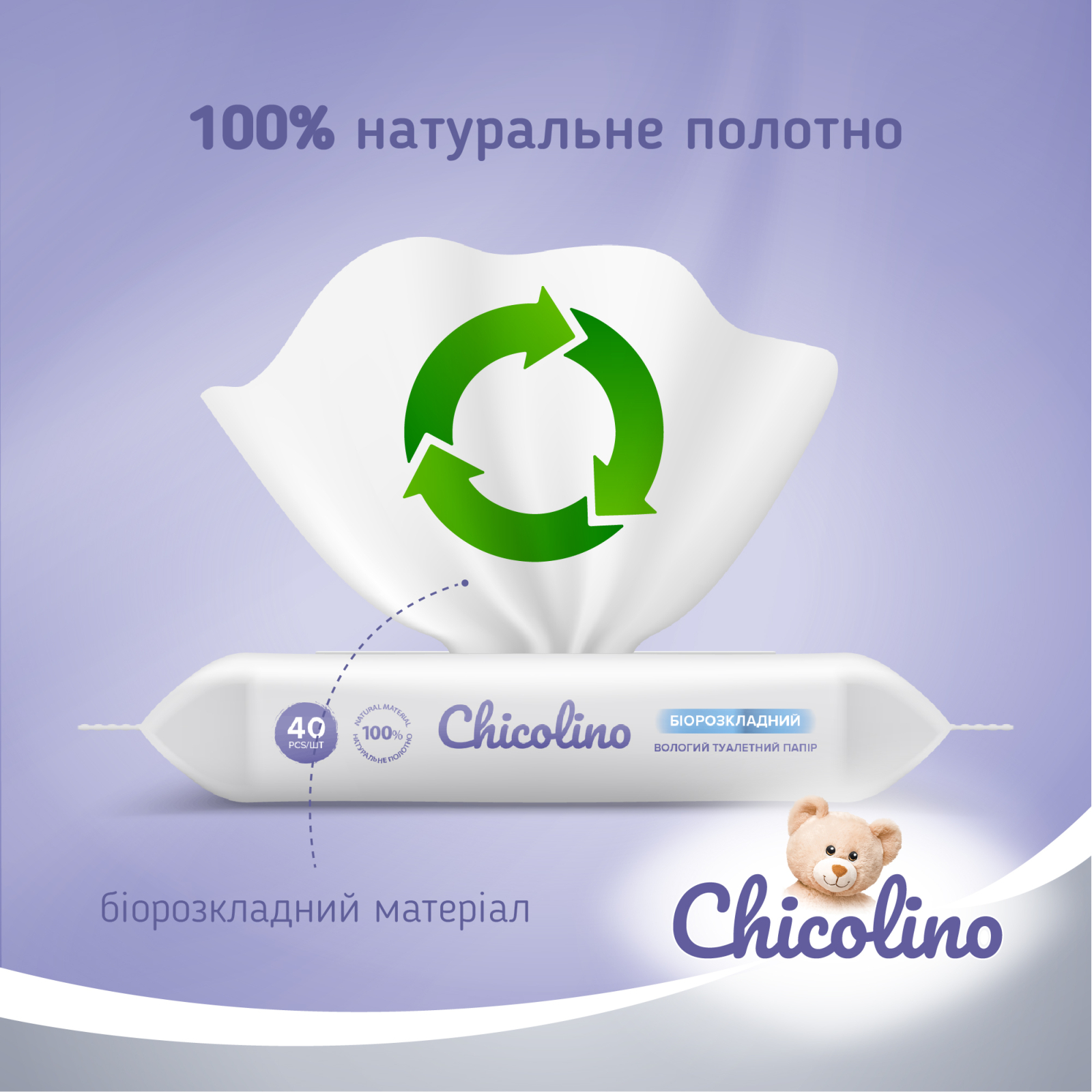 Туалетний папір Chicolino Біорозкладний вологий для дітей та дорослих 40 шт. (4823098413936) зображення 3