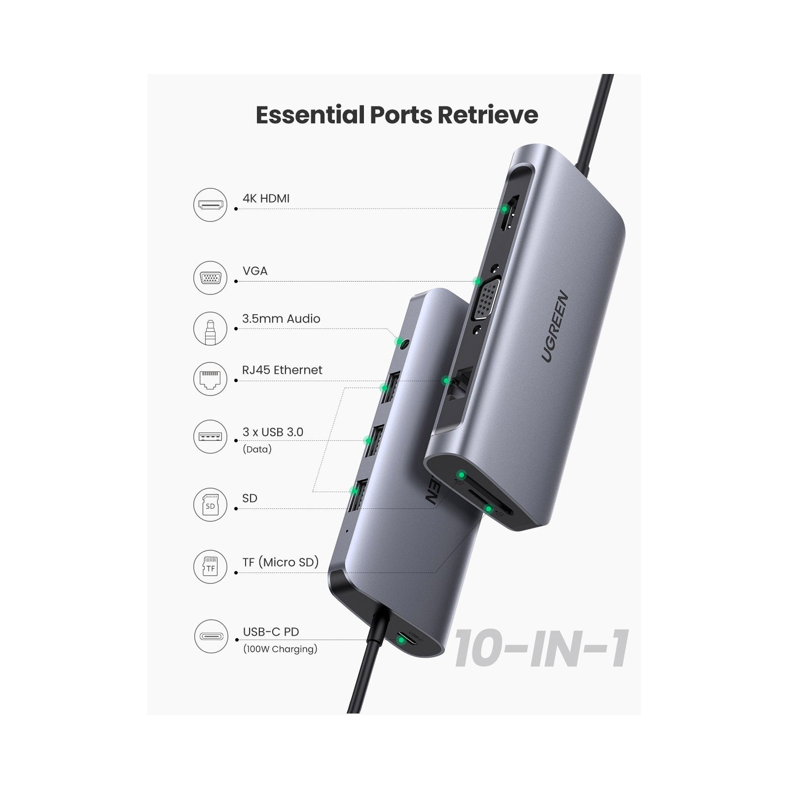 Концентратор Ugreen USB3.0 Type-C to USB 3.0x3/HDMI/VGA/TRS/RJ45/SDTF/PD CM179 space gray (80133) зображення 2