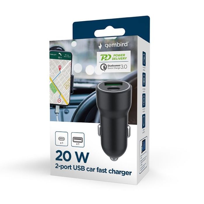 Зарядний пристрій Gembird 1xUSB-A (18W QC3.0) + 1xUSB-C (20W PD) black (TA-UC-A2PDQC20-CAR-01) зображення 5