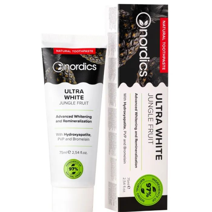 Зубная паста Nordics Ultra White Натуральная реминерализующая с "жидкой эмалью" и активированным углем 75 мл (3800500324180)