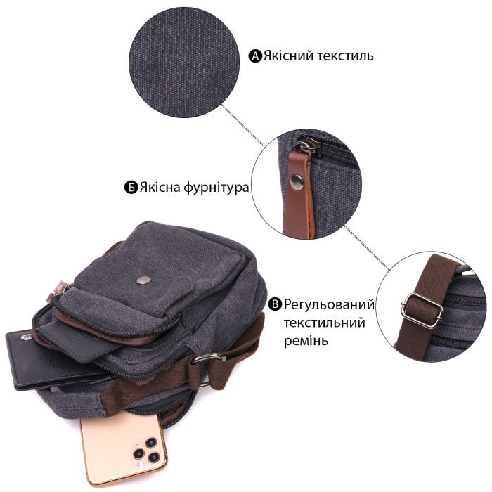 Сумка Vintage Мужская из текстиля Черная (22218) изображение 4