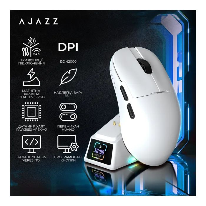 Мышка Ajazz AJ159 APEX Wireless/Bluetooth/USB White (AJM159-A-W) изображение 9