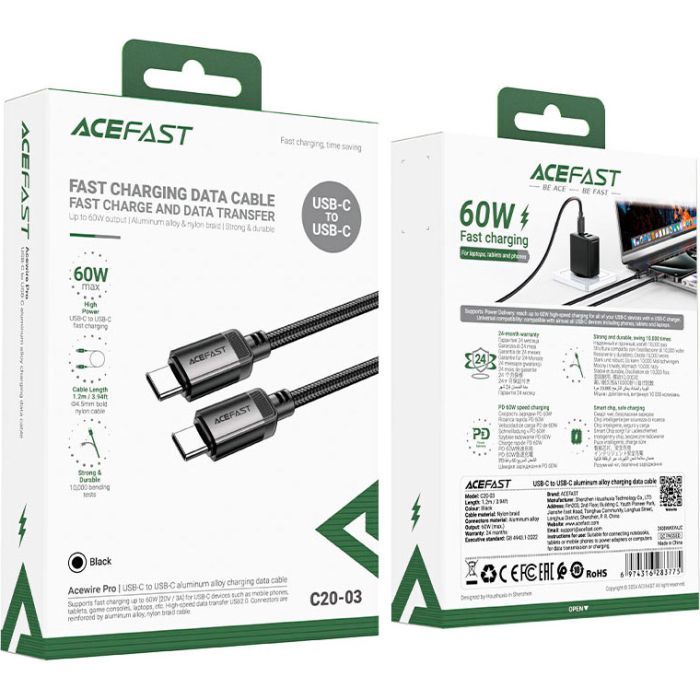 Дата кабель USB-C to USB-C 1.2m 3A aluminum alloy C20-03 Black Acefast (6974316283775) изображение 5