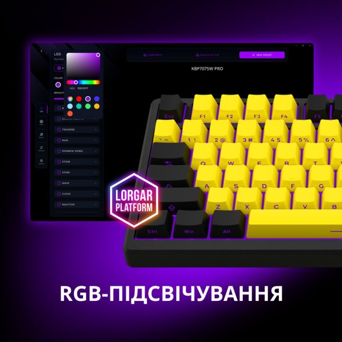 Клавиатура Lorgar KBP7075W Pro RGB Wireless/Bluetooth/USB UA Black/yellow (LRG-KBP7075W-YL-US) изображение 11