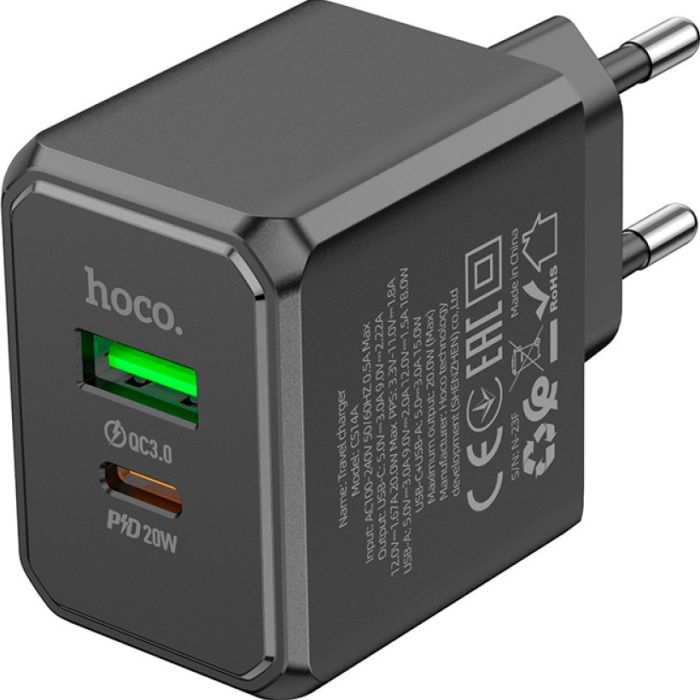 Зарядное устройство HOCO CS14A Ocean 1xUSB-C PD20W + 1xUSB QC3.0 Black (6942007603898) изображение 3