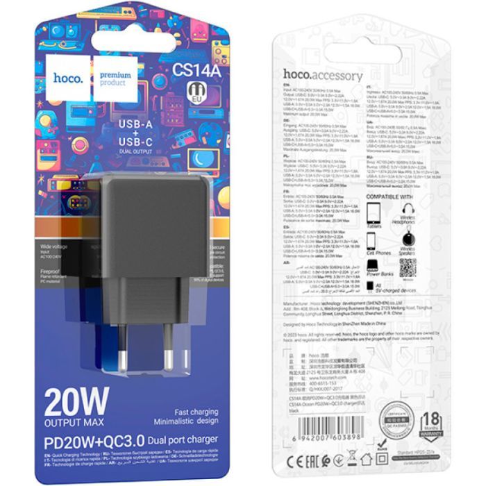 Зарядное устройство HOCO CS14A Ocean 1xUSB-C PD20W + 1xUSB QC3.0 Black (6942007603898) изображение 7