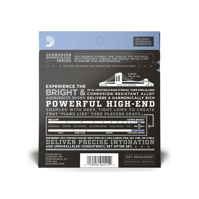 Струни для гітари D'Addario XL ProSteels Bass Custom Light (40-100) (EPS190) зображення 3