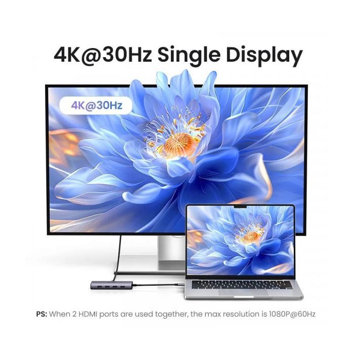 Порт-реплікатор Ugreen Dock CM498 USB 3.0 Type-C -> 1хUSB-A 3.0/3хUSB-A 2.0/2xHDMI 4K 30Гц PD (35897) зображення 6