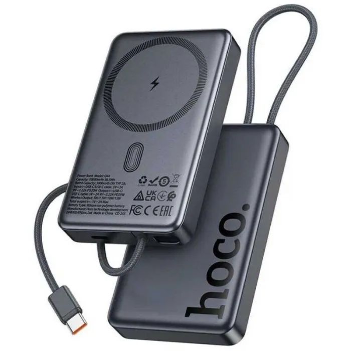 Батарея універсальна HOCO 10000 mAh Origen Dual PD/20W Magnetic with cable Type-C Metal Gray (Q44 / 714983)