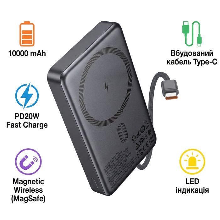 Батарея універсальна HOCO 10000 mAh Origen Dual PD/20W Magnetic with cable Type-C Metal Gray (Q44 / 714983) зображення 2