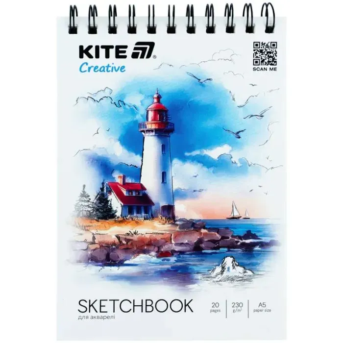 Бумага для рисования Kite Скетчбук на спирали для акварели Creative А5, 20 листов (K-1283)