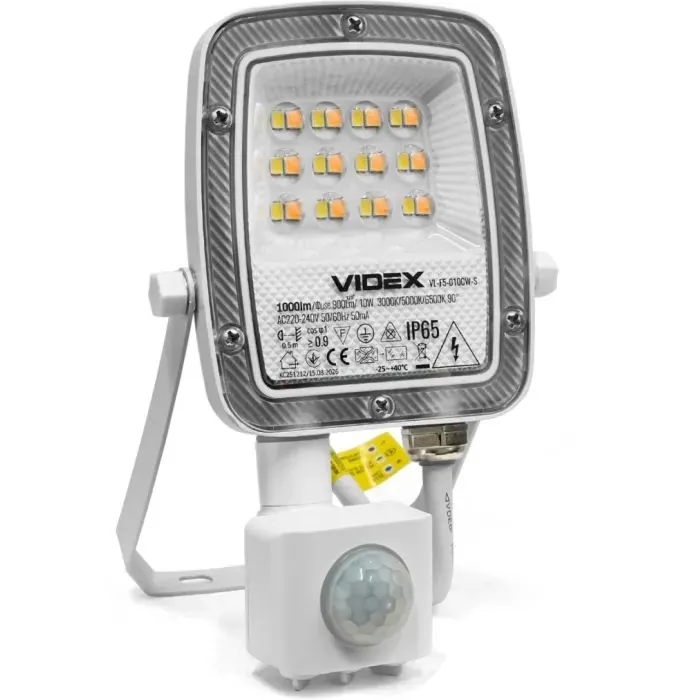 Прожектор Videx F5 10W 3000-5000-6500K з датчиком руху 230V White (VL-F5-010CW-S)