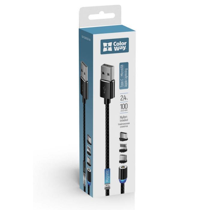 Дата кабель USB 3в1 (Lightning+MicroUSB+Type-C) Magnet only charge ColorWay (CW-CBUU020-BK) изображение 6