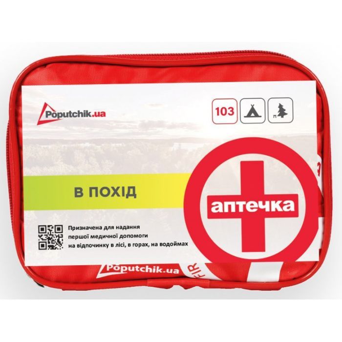 Автомобильная аптечка Poputchik в поход по ТУ футляр мягкий красный 25х12х15 + карабин (02-039-М)