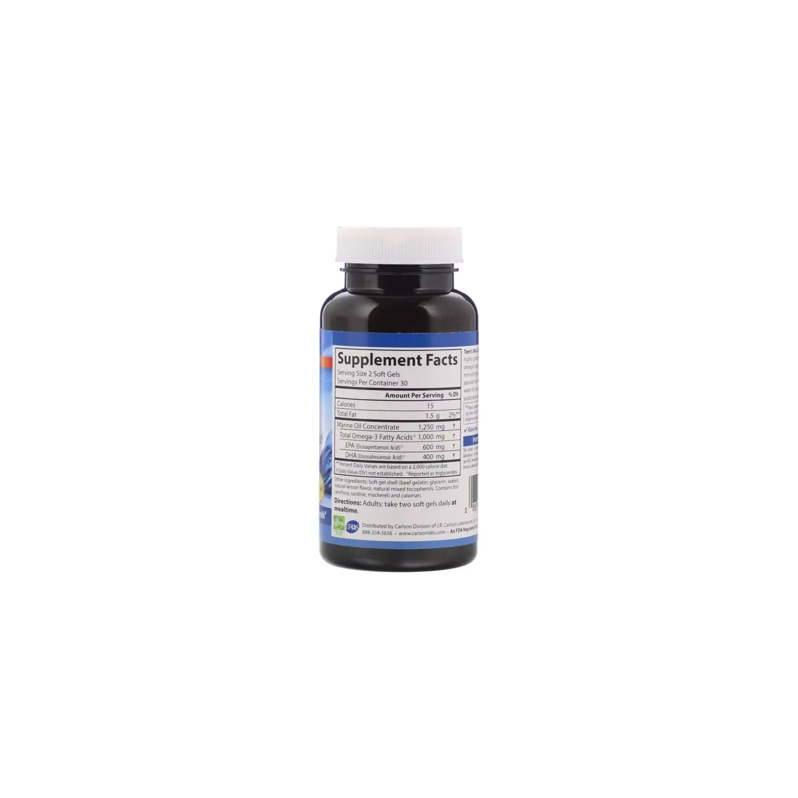 Жирні кислоти Carlson Риб'ячий жир для підлітків, Омега-3, 500 мг, Teen's Max Catc (CL18410) зображення 2