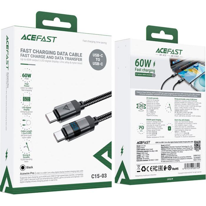 Дата кабель USB-C to USB-C 1.2m 60W digital display C15-03 Black Acefast (6974316283720) изображение 5