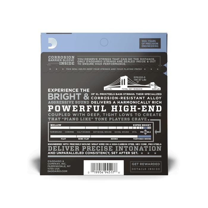 Струны для гитары D'Addario XL ProSteels Bass Super Light 5-String (40-125) (EPS220-5) изображение 3