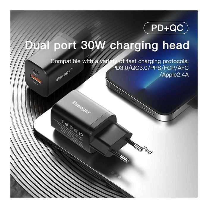 Зарядное устройство Essager 1xUSB + 1xUSB-C PD30W black (ECTPQS-ZTB01) изображение 3