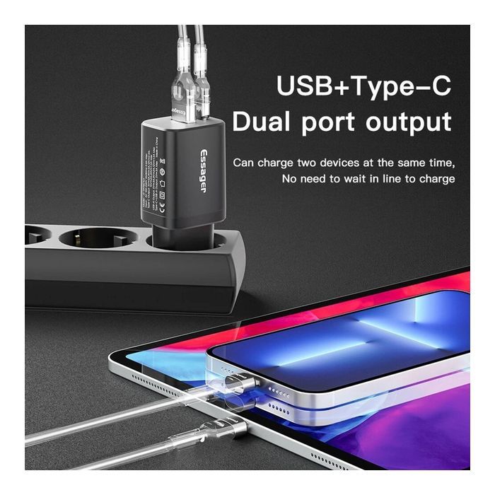 Зарядное устройство Essager 1xUSB + 1xUSB-C PD30W black (ECTPQS-ZTB01) изображение 4