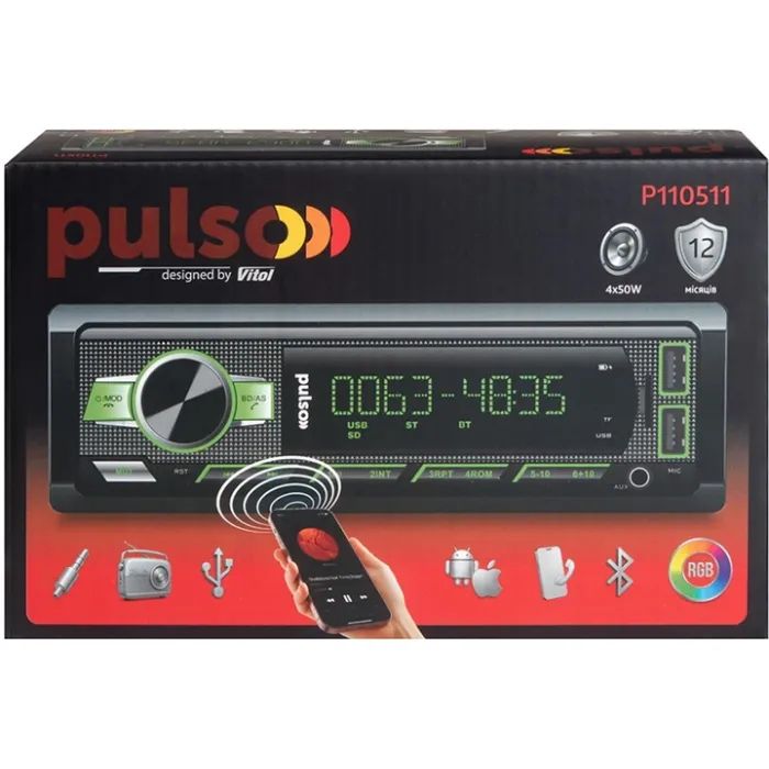Автомагнітола PULSO RGB, USB, FM, RCA, LCD-дисплей, 4х50 Вт (P110511) зображення 5