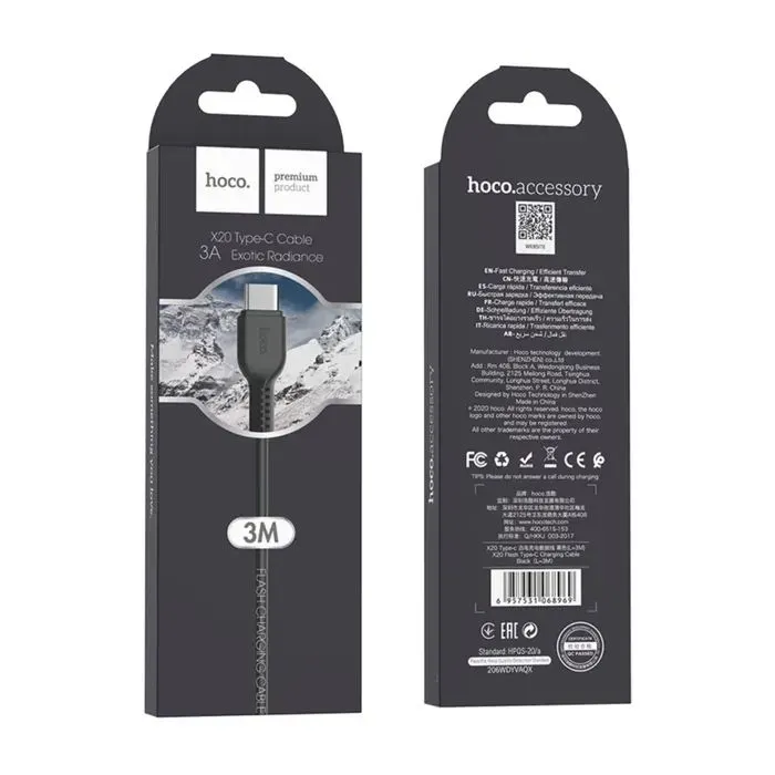 Дата кабель USB 2.0 AM to USB-C 3.0m 3A X20 black HOCO (6957531068969) изображение 4