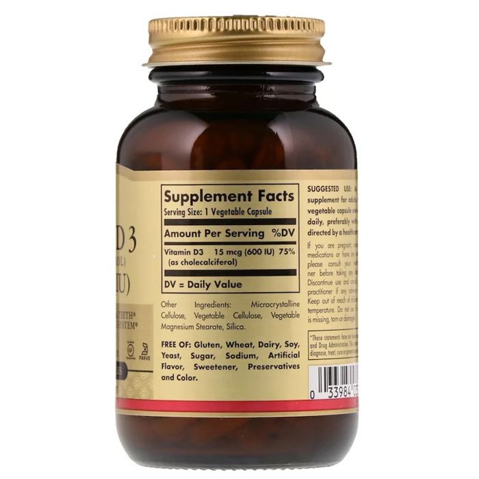 Вітамін Solgar Вітамін D3, Cholecalciferol, 15 мкг, 600МЕ, 120 рослинних ка (SOL-03319) зображення 2