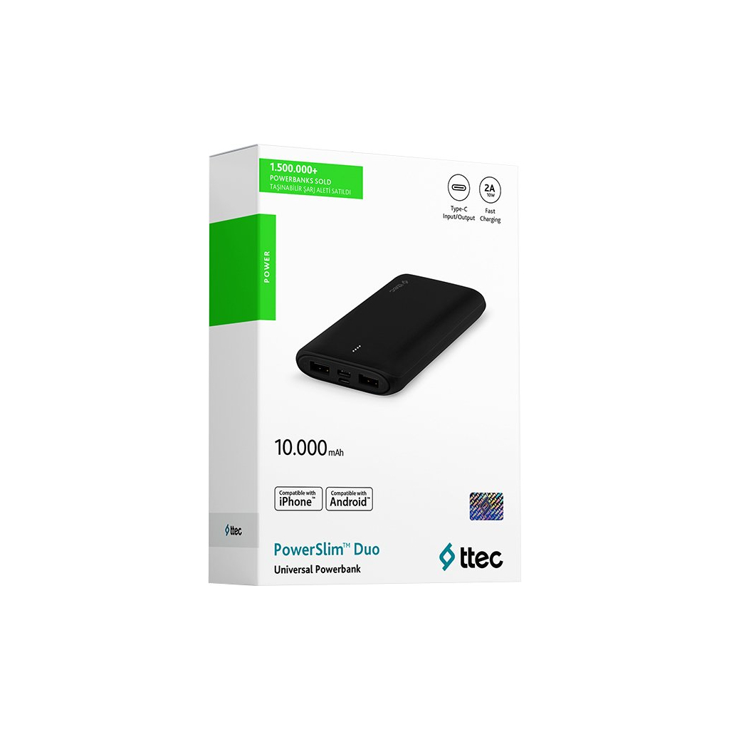 Батарея універсальна Ttec PowerSlim Duo 10000mAh, USB Type-C, USB Type A, 2A, Black (2BB163S) зображення 2