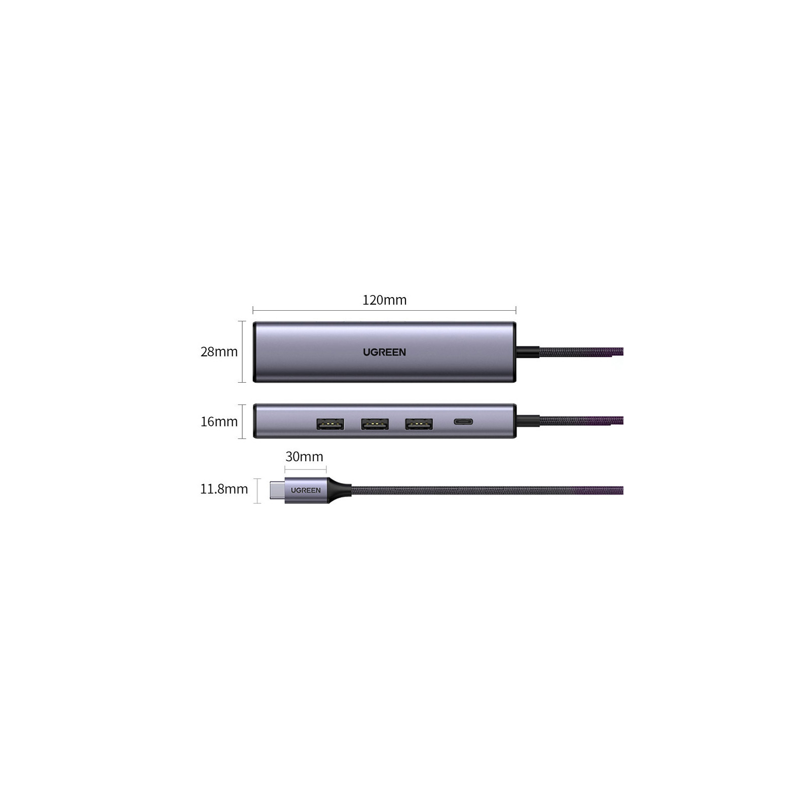 Концентратор Ugreen USB 3.0 Type-C to 3xUSB 3.0 + RJ45 1000M CM475 grey (20932) изображение 3