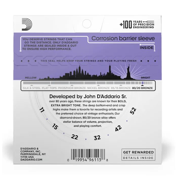 Струны для гитары D'Addario 80/20 Bronze Custom Light (11-52) (EJ13) изображение 3