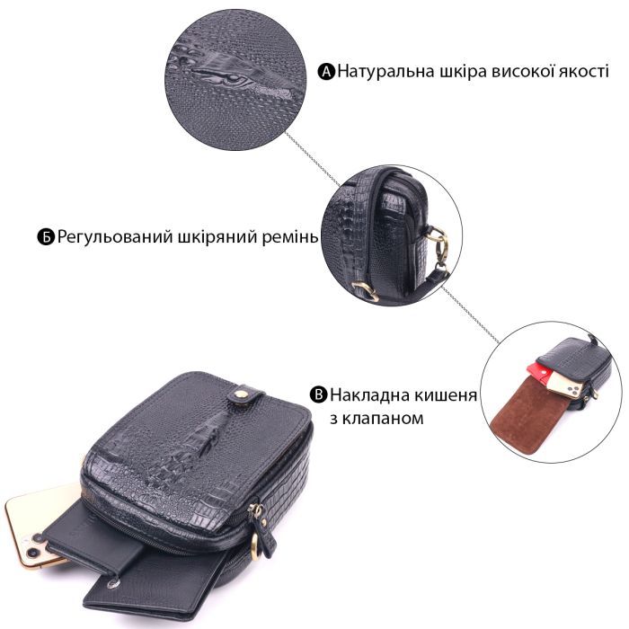 Сумка Vintage Небольшая мужская из натуральной кожи с фактурой под крокодила Черная (21299) изображение 5