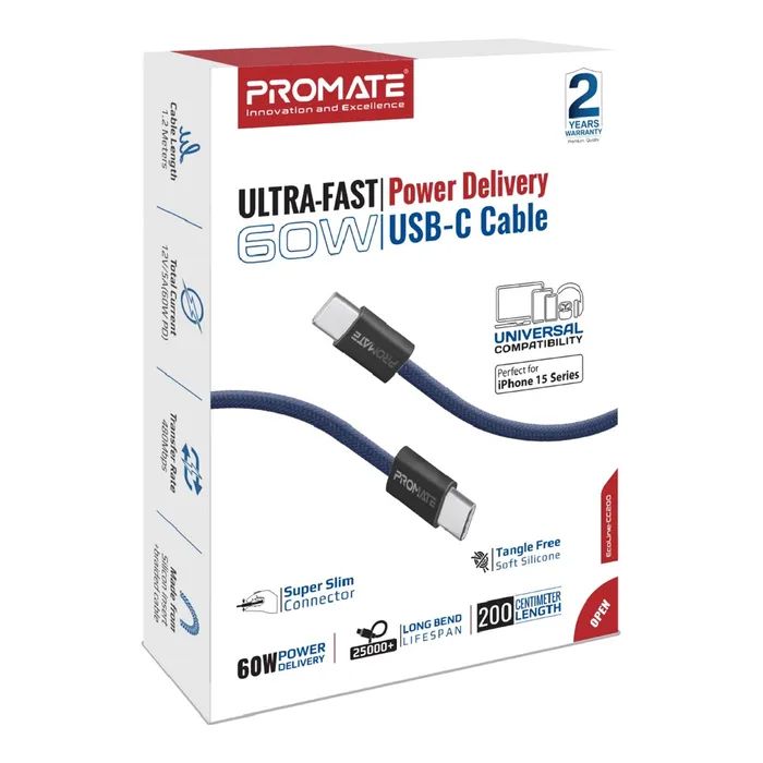 Дата кабель USB-C to USB-C ecoline-cc200.pink Promate (ecoline-cc200.pink) изображение 2