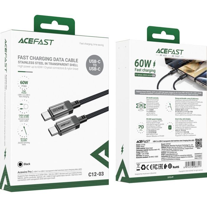Дата кабель USB-C to USB-C 1.2m 60W stainless steel C12-03 Black Acefast (6974316283317) изображение 5