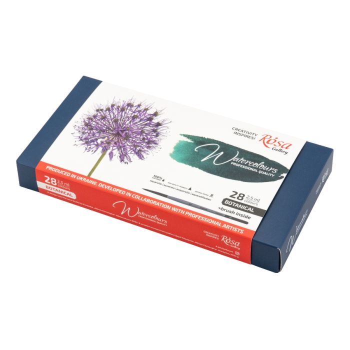 Акварельные краски Rosa Gallery BOTANICAL 282,5мл з пензлем, кювета Індіго металевий пенал (4823098544791)