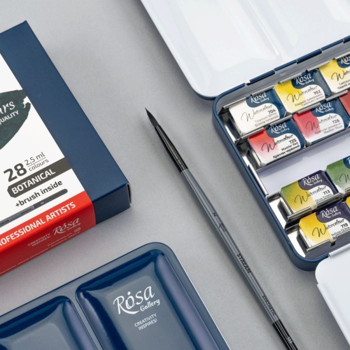 Акварельные краски Rosa Gallery BOTANICAL 282,5мл з пензлем, кювета Індіго металевий пенал (4823098544791) изображение 9
