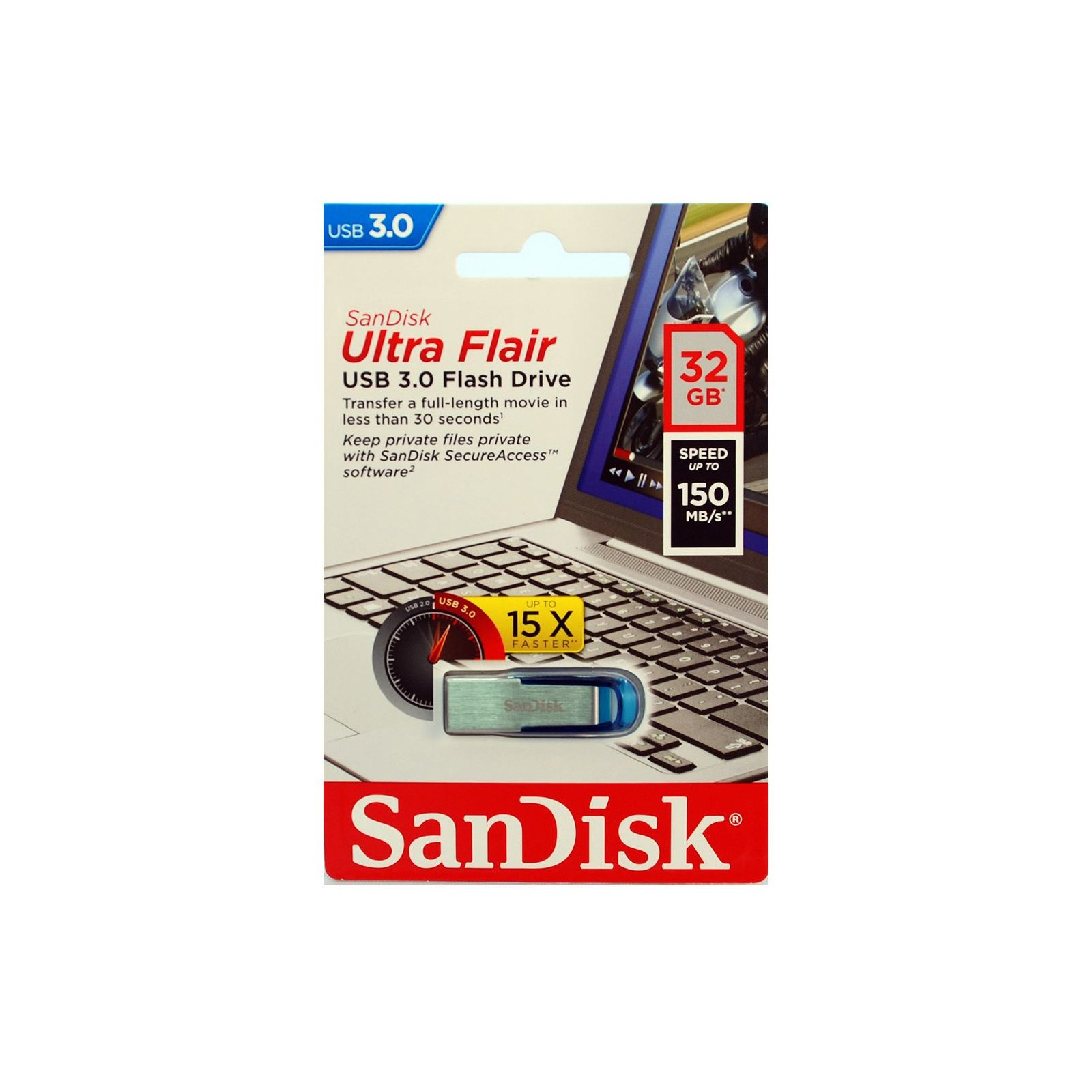 USB флеш накопичувач SanDisk 32GB Ultra Flair Blue USB 3.0 (SDCZ73-032G-G46B) зображення 6