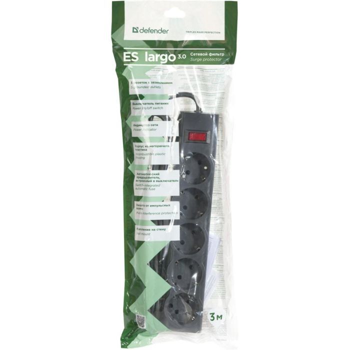 Сетевой фильтр питания Defender ES largo 3m 5 роз. black (99498) изображение 3