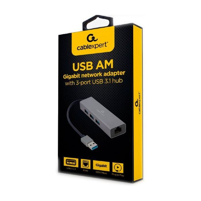 Адаптер USB-A to Gigabit Ethernet, 3 Ports USB 3.1 Gen1 Cablexpert (A-AMU3-LAN-01) изображение 2